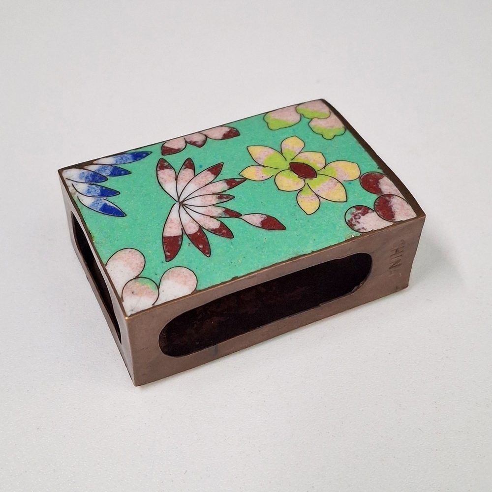 Vintage 1960s Cloisonné Floral Enamel on Copper Matchbox Holder